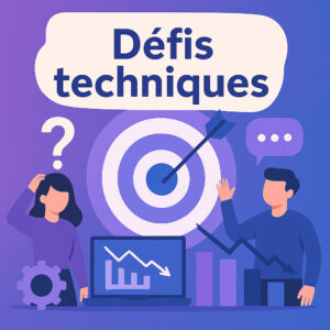 Schéma en flat design illustrant des éléments techniques de site web avec engrenages, graphiques et composants numériques sur fond violet