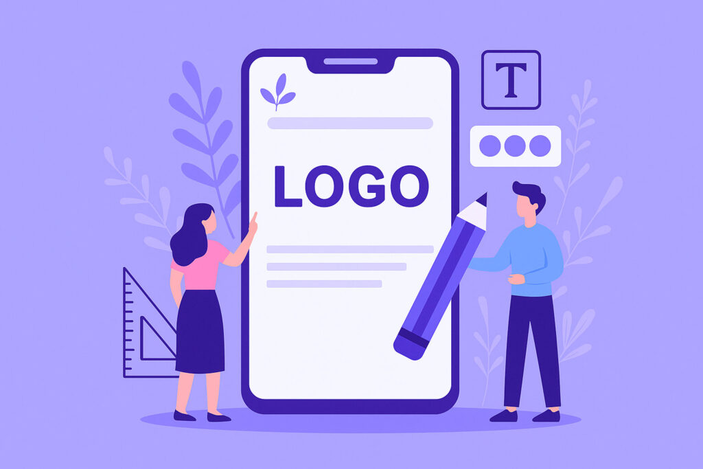Illustration vectorielle d’un logo en création avec une palette de couleurs, des outils de dessin et une grille de construction graphique en arrière-plan
