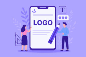 Illustration vectorielle d’un logo en création avec une palette de couleurs, des outils de dessin et une grille de construction graphique en arrière-plan