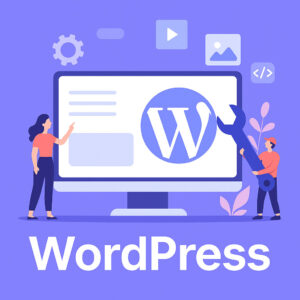 Écran d’ordinateur affichant un éditeur WordPress avec des zones de texte, des icônes de mise en forme, et une interface utilisateur claire sur fond violet et bleu