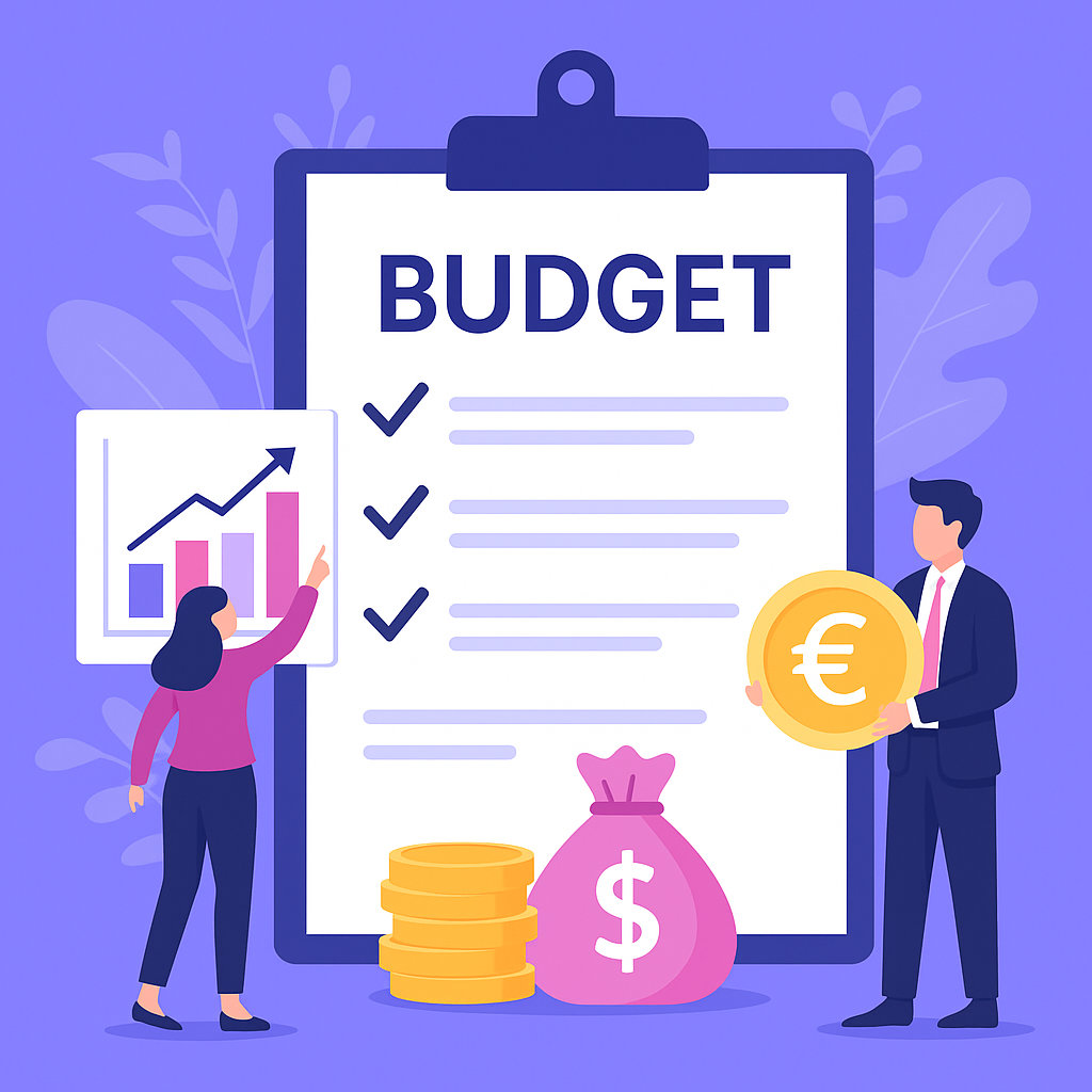 Graphique financier en flat design avec pièces de monnaie, documents comptables et symbole euro, illustrant la gestion de budget de projet web