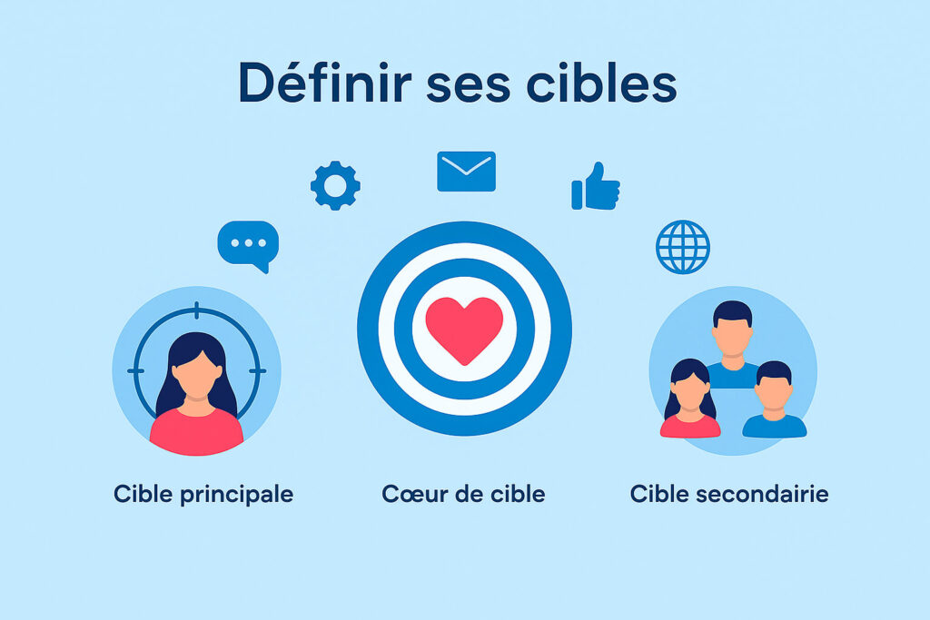 Cercle cible avec des personnages stylisés positionnés autour, symbolisant différents profils d’audience en communication digitale