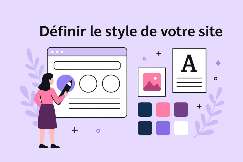 Ordinateur affichant une maquette de site web avec éléments graphiques colorés, outils de design et repères visuels modernes
