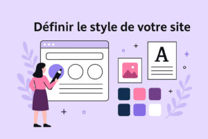 Ordinateur affichant une maquette de site web avec éléments graphiques colorés, outils de design et repères visuels modernes