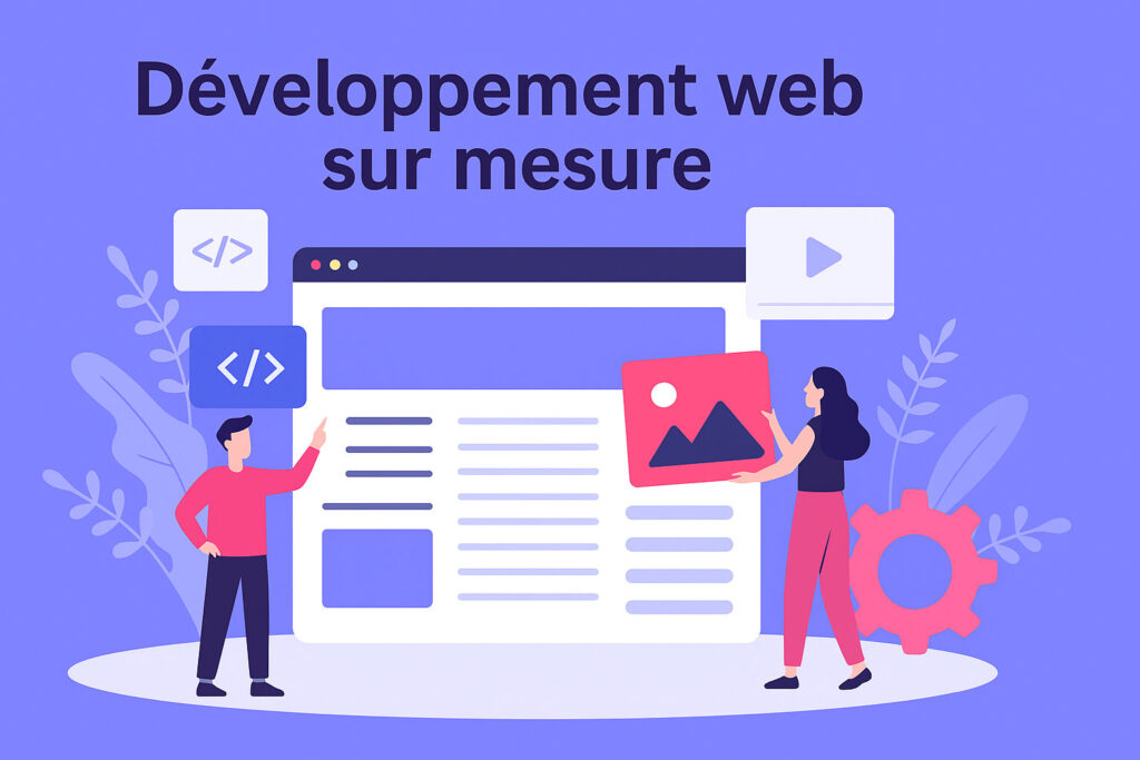 Main dessinant une interface web personnalisée avec icônes de paramétrage et construction, représentant un développement web sur mesure