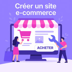 Boutique en ligne illustrée sur écran avec panier, produits digitaux et interface d’achat en flat design