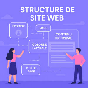 Illustration en flat design d’un écran montrant la structure d’une page web avec en-tête, contenu, colonnes et pied de page représentés par des blocs colorés et schématisés