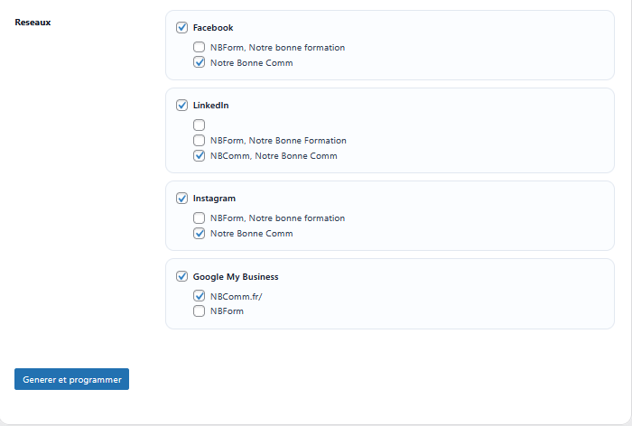 Liste des réseaux sociaux sélectionnables