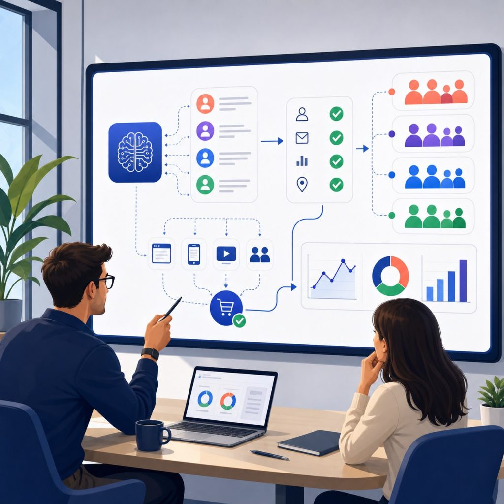 Illustration classique d'une équipe marketing analysant des audiences clients, le consentement et la mesure publicitaire avec l'IA