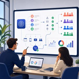 Illustration classique d'une équipe marketing analysant des audiences clients, le consentement et la mesure publicitaire avec l'IA