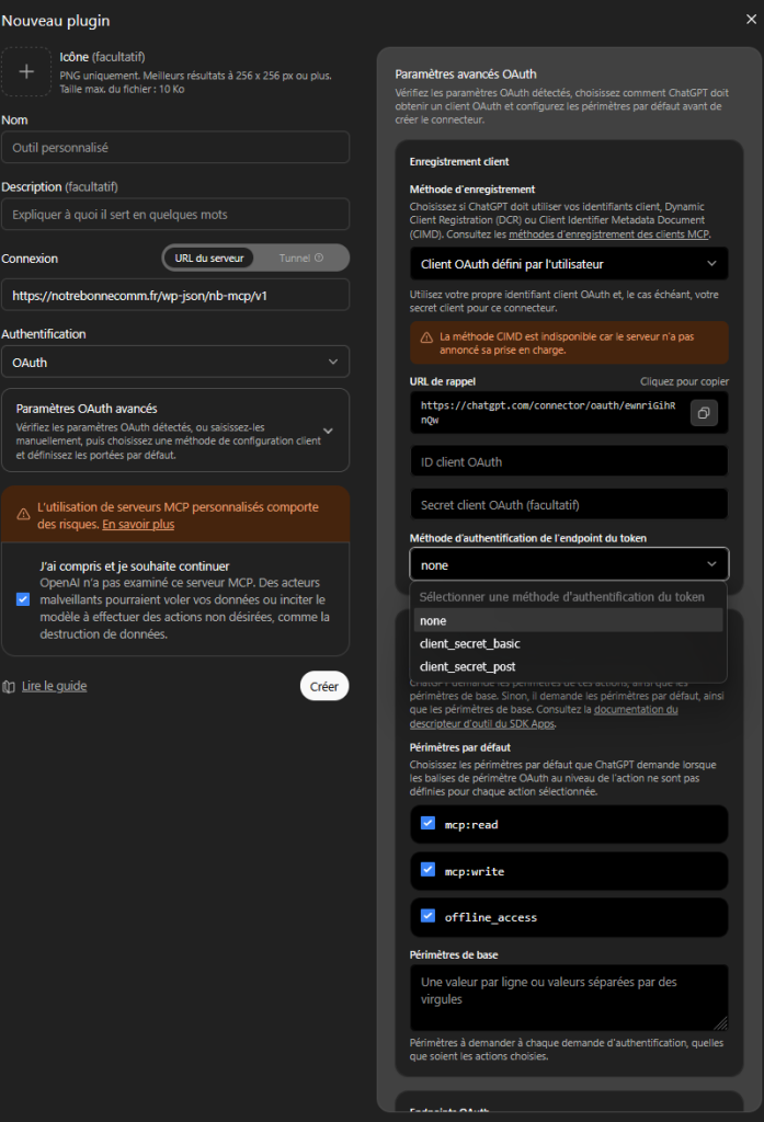Configuration OAuth d’une connexion MCP WordPress dans ChatGPT