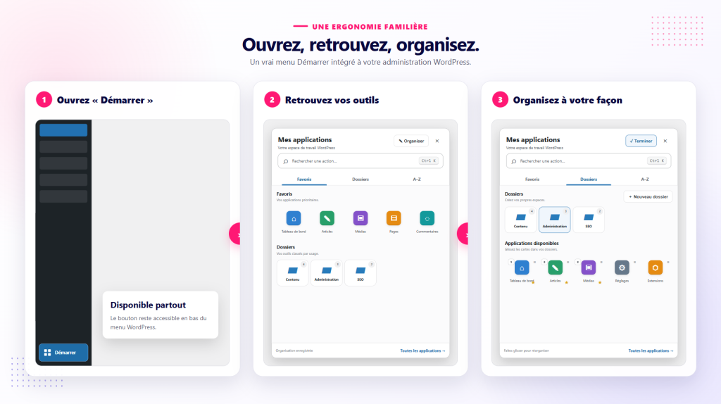 Les trois étapes pour organiser NB Menu démarrer WP